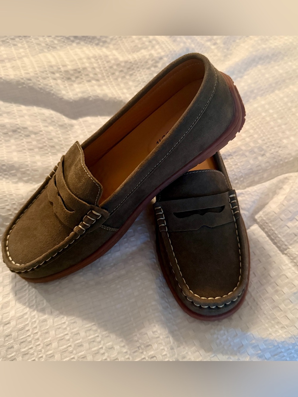 Women’s Suede Penny Loafers in Olive Brown